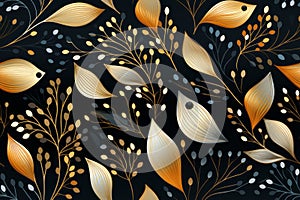 seamless floral pattern with gold leaves and berries on a black background