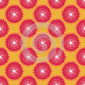 Seamless floral pattern graphic abstract sunflowers, circular elements, red white on orange background, fabric