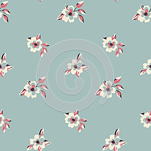 Seamless floral pattern, graphic flower print with simple small flowers on blue. Vector ditsy design.