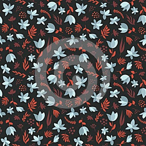 Seamless floral pattern in grey blue, dusty red and black