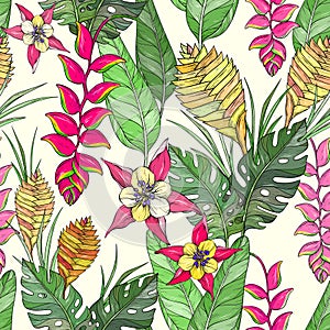 Seamless floral pattern with hand drawn jungle leaves and exotic flowers. Heliconia flowers and tropical leaves