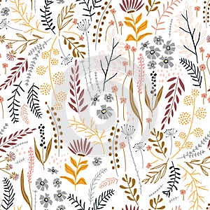 Seamless floral pattern with hand drawn plants, leaves, wild flowers. Perfect for fabric design, wallpaper, apparel. Vector
