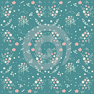 Seamless floral pattern hand drawn small white silhouette flowers in bouquet twigs berries on blueish green background, fabric, sc