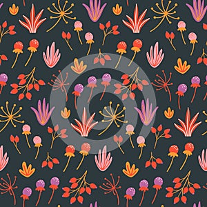 Seamless floral pattern with hand drawn wild flowers, leaves and herbs on dark background.