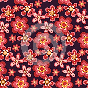 Seamless floral pattern, hippie style decorative ditsy print with retro flowers. Vector.