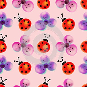 Seamless floral pattern with insects. Watercolor background with hand drawn flowers and ladybugs.