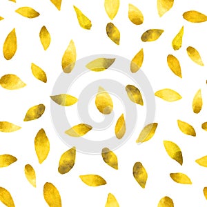 Seamless floral pattern with isolated goldl hand drawn leaves.