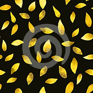 Seamless floral pattern with isolated goldl hand drawn leaves on