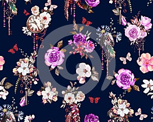 Seamless floral pattern with keys and clocks. Hand painted watercolor illustration on dark blue background.