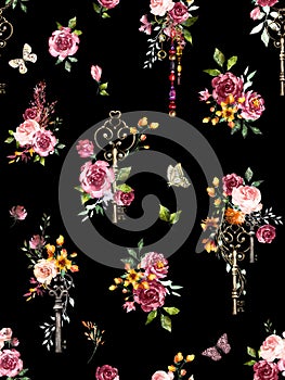 Seamless floral pattern with keys and flowers. Hand painted watercolor illustration on black background.