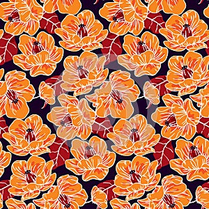 Seamless floral pattern with large yellow flowers in vintage style, autumn botanical design in vector.