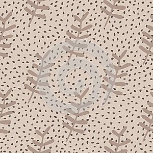 Seamless floral pattern with leafs branches. Botanic ornament in pastel beige tones. Light background with dots