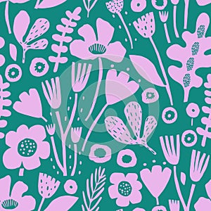 Seamless floral pattern with leaves and cutout flowers. Jungle green and lilac summer background. Perfect for fabric design,