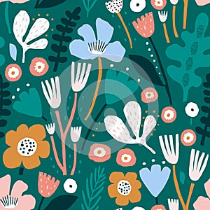 Seamless floral pattern with leaves and cutout flowers. Jungle green summer background. Perfect for fabric design, wallpaper,