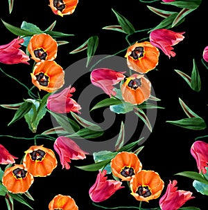 Seamless floral pattern with leaves. Ready for fabric print on black background.