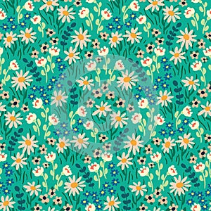 Seamless floral pattern, liberty ditsy print with cute meadow, small chamomile flowers, tiny leaves on blue. Vector.