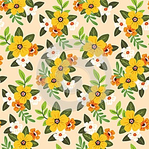 Seamless floral pattern, decorative ditsy print, botanical design of small yellow flowers in folk motif. Vector illustration