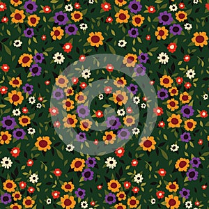 Seamless floral pattern, liberty ditsy print with small flowers, tiny leaves, simple meadow. Vector.