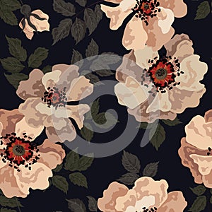 Seamless floral pattern with light pastel flowers on a dark background. Large torn wild rose buds surrounded by leaves are freely