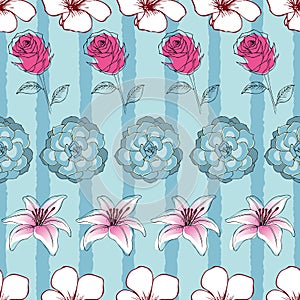 Seamless floral pattern of lilies, succulent, roses and small white flowers illustration. striped background