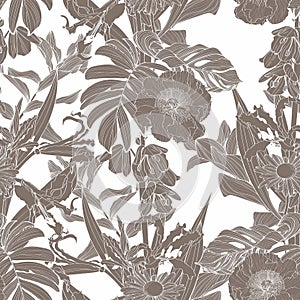 Seamless floral pattern with line tropical flowers and palm leavs and anthurium leaves.
