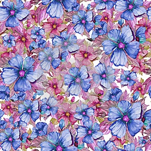 Seamless floral pattern made of red and blue malva flowers on white background. Watercolor painting. photo