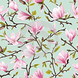 Seamless Floral Pattern. Magnolia Flowers and Leaves Background.