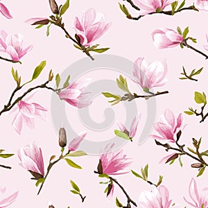 Seamless Floral Pattern. Magnolia Flowers and Leaves Background.