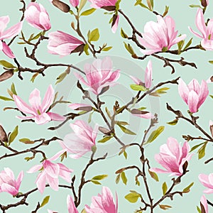 Seamless Floral Pattern. Magnolia Flowers and Leaves Background. photo