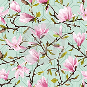 Seamless Floral Pattern. Magnolia Flowers and Leaves Background.