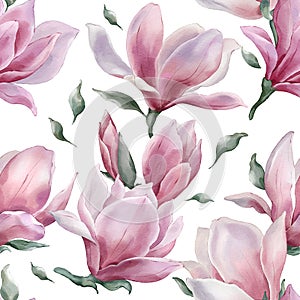 Seamless floral pattern with magnolia hand-drawn painted in a watercolor style.