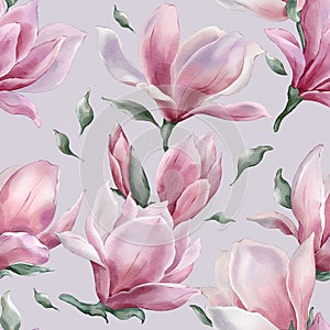 Seamless floral pattern with magnolia hand-drawn painted in a watercolor style.
