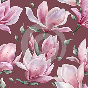 Seamless floral pattern with magnolia hand-drawn painted in a watercolor style.