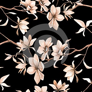 Seamless floral pattern with magnolias on a black background, watercolor.