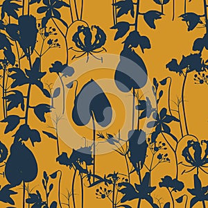 Seamless floral pattern with many kind of herbs and flowers sihouette. Template design for textiles.