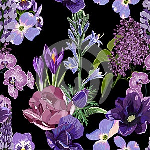 Seamless floral pattern with many kind of violet flowers: rchid, lilac, peony, lupines on black background.