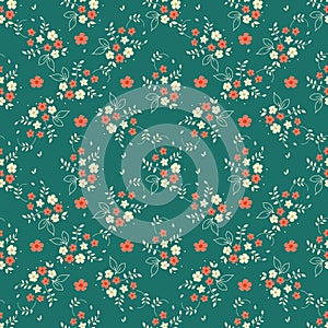 Seamless floral pattern millefleurs red white flower bouquet leaves sprigs arranged in diamond shape ornament on dark green backgr