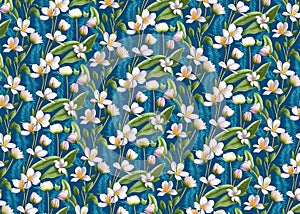 seamless floral pattern, Modern colorful tropical floral pattern with white flowers and blue background