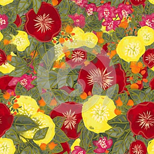 Seamless floral pattern with nasturtzi flowers, roses. Summer bright print for fabric, dresses.