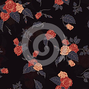 Seamless floral pattern with outline roses