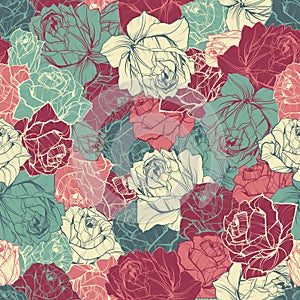 Seamless floral pattern with outline roses
