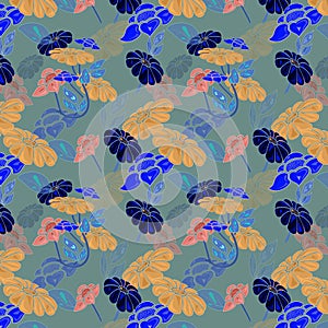 Seamless floral pattern of oxford blue, earth yellow color daisy flower and blue yonder,new york pink color daffodils flower on