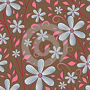 Seamless floral pattern, pale blue flowers, purplish pink leaves, carmine pink stems, brown background