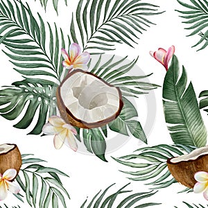 Seamless floral pattern with palm leaves hand-drawn painted in watercolor style.