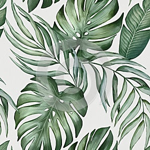 Seamless floral pattern with palm leaves hand-drawn painted in watercolor style.