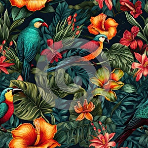 Seamless floral pattern with paradiese birds, tropical flowers and monstera leaves. Generative AI