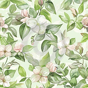 Seamless Floral Pattern with Pastel Blooms on Green Background