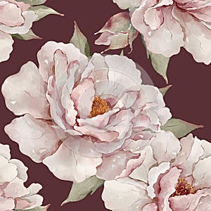 Seamless floral pattern with peonies hand-drawn painted in watercolor style.