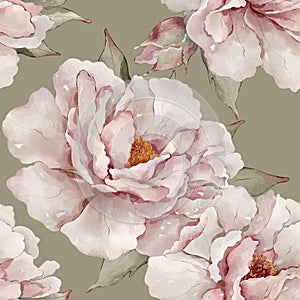 Seamless floral pattern with peonies hand-drawn painted in watercolor style.
