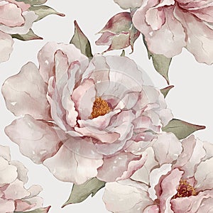 Seamless floral pattern with peonies hand-drawn painted in watercolor style.